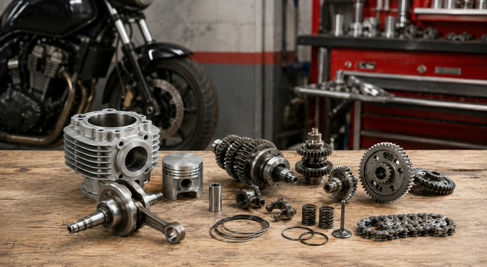 Engine parts, among them a finned cylinder, laid out on a workshop bench