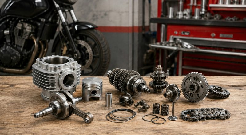 Engine parts laid out on a workshop bench