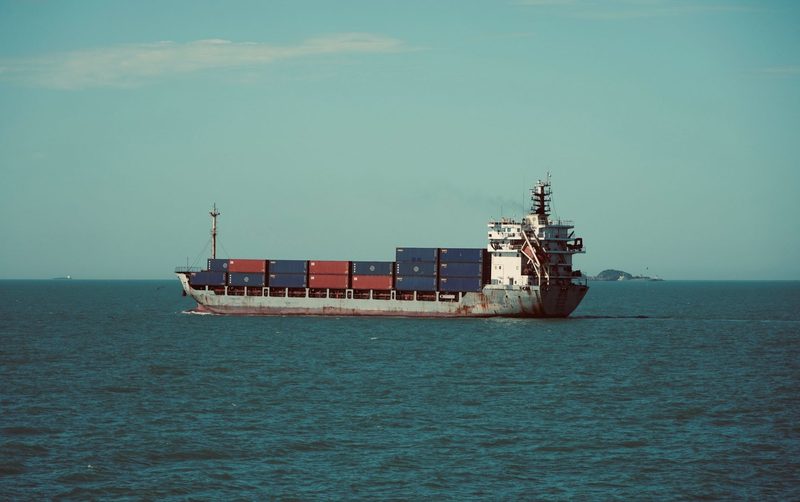 A container ship under way on open water