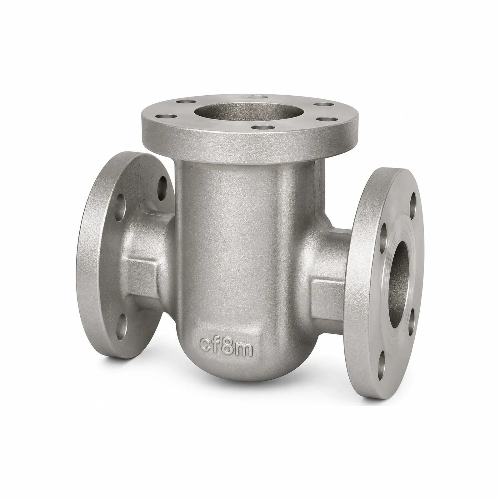 A stainless steel tee strainer body, as cast