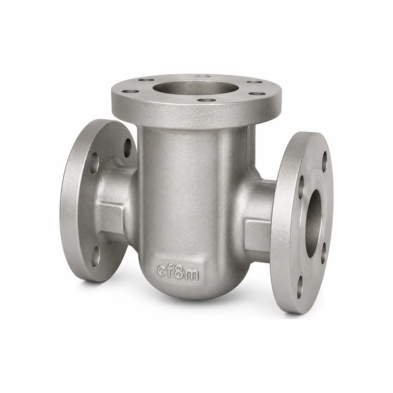 A flanged stainless steel tee strainer body