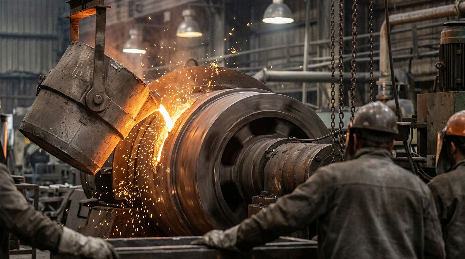 A centrifugal casting machine spinning while molten iron pours in