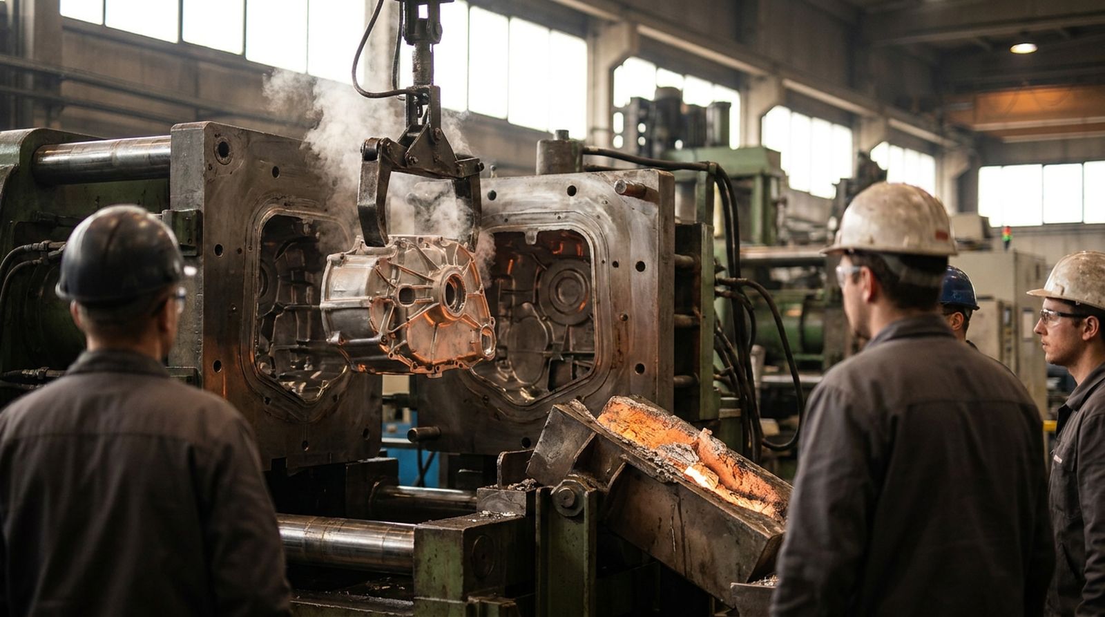 An aluminium housing lifted out of an open die casting machine