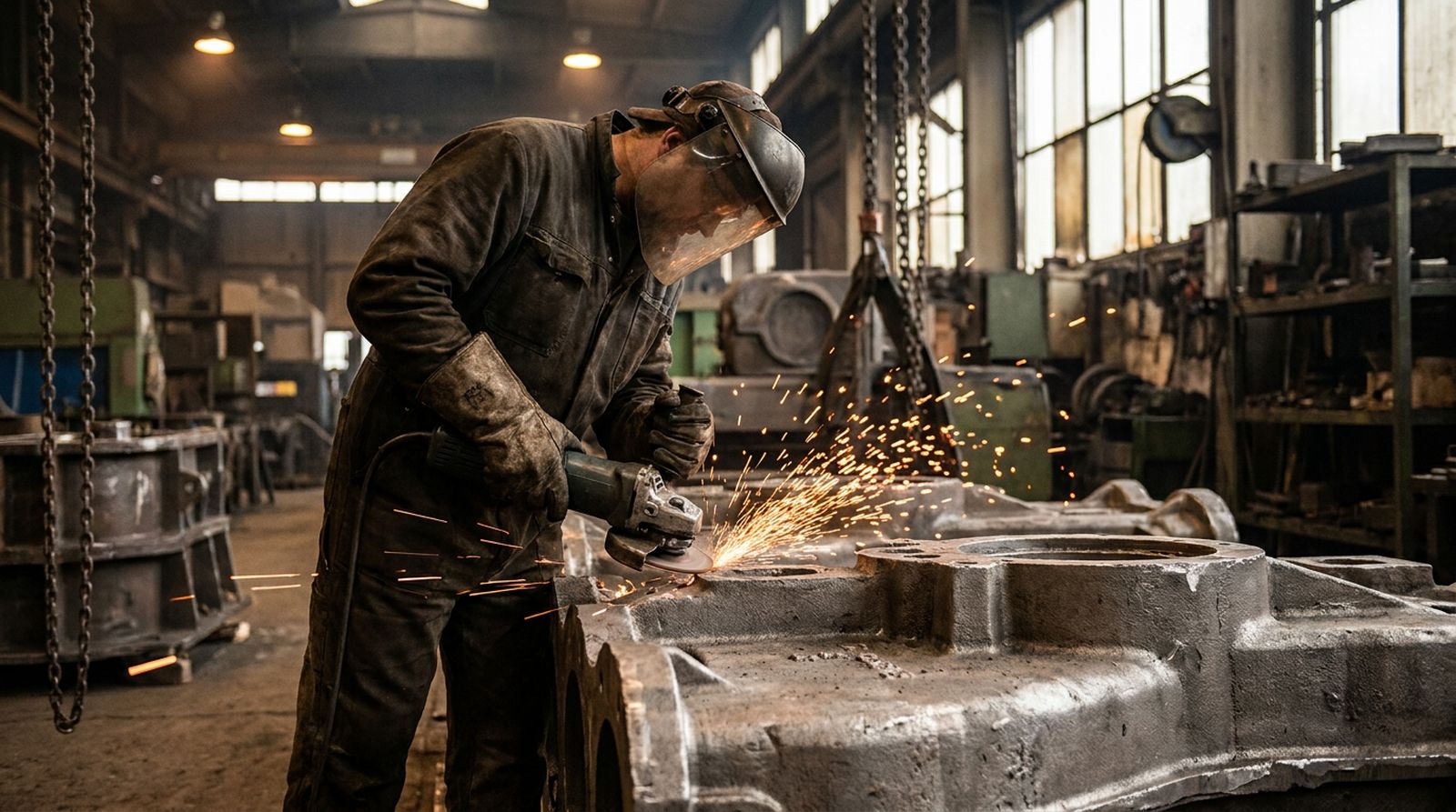 A worker grinding the riser off an iron casting