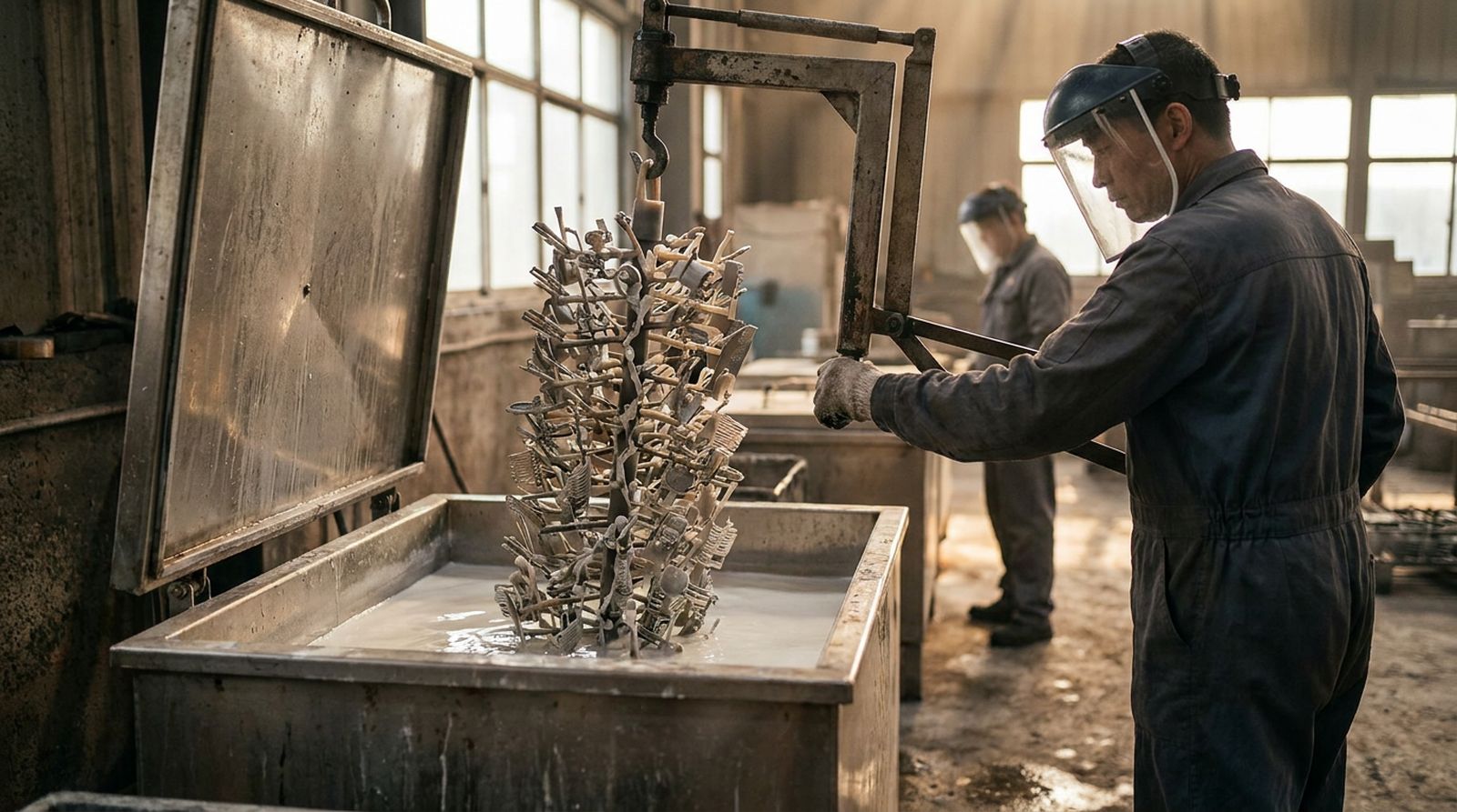 A wax tree of small parts dipped into ceramic slurry