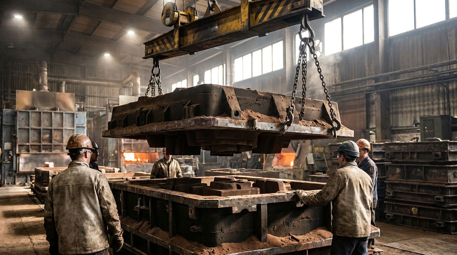 A crane closing the two halves of a large resin sand mould