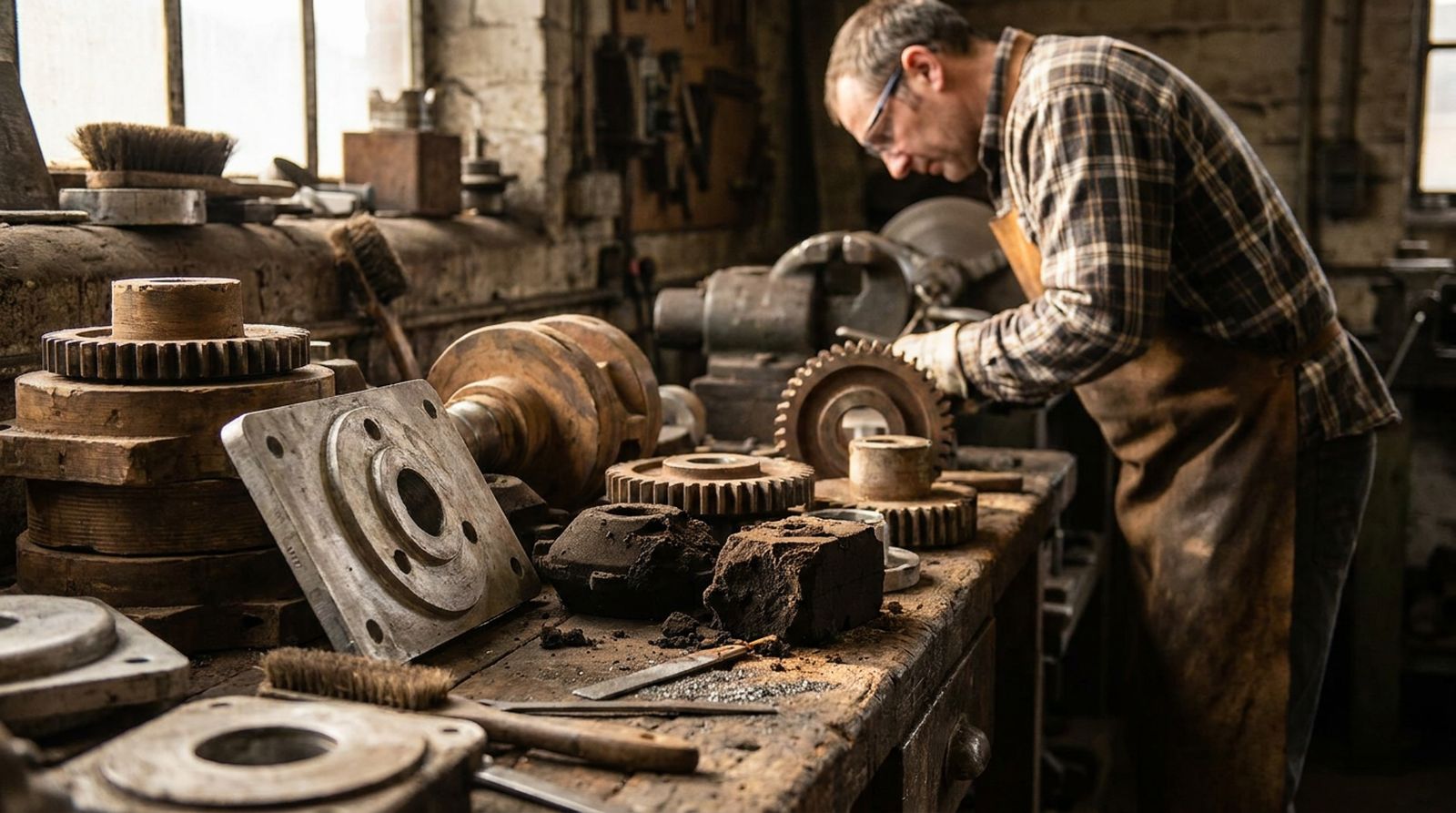 Foundry patterns and sand cores on a pattern shop bench