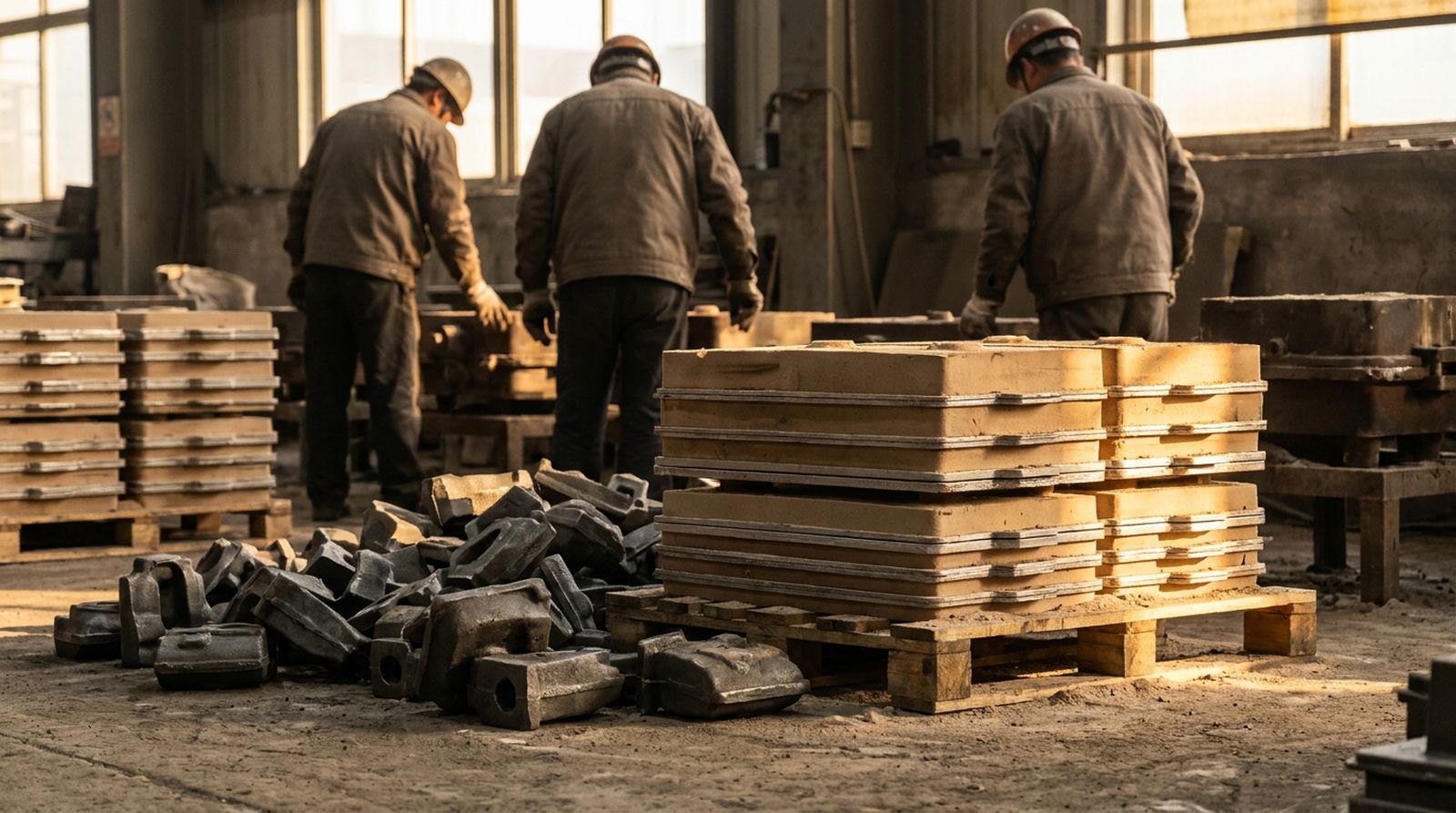 Shell moulds stacked beside the castings shaken out of them