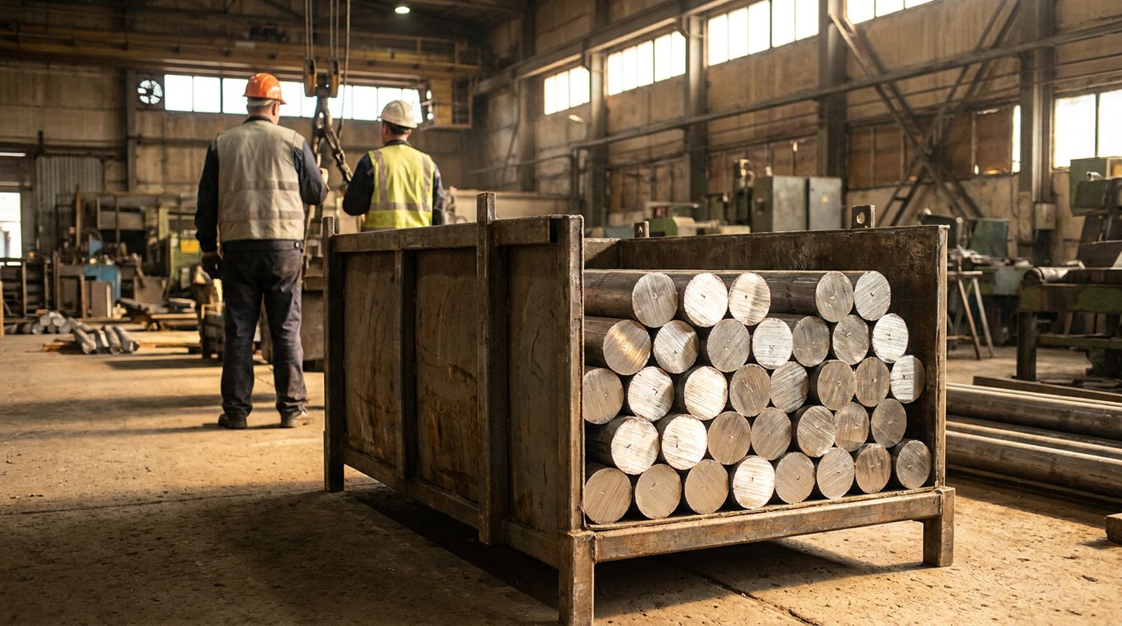 A bin of freshly cut steel billets