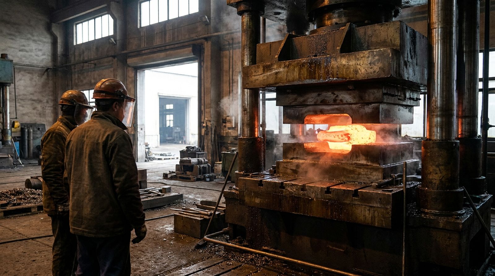 A hot part between the dies of a closed die forging press
