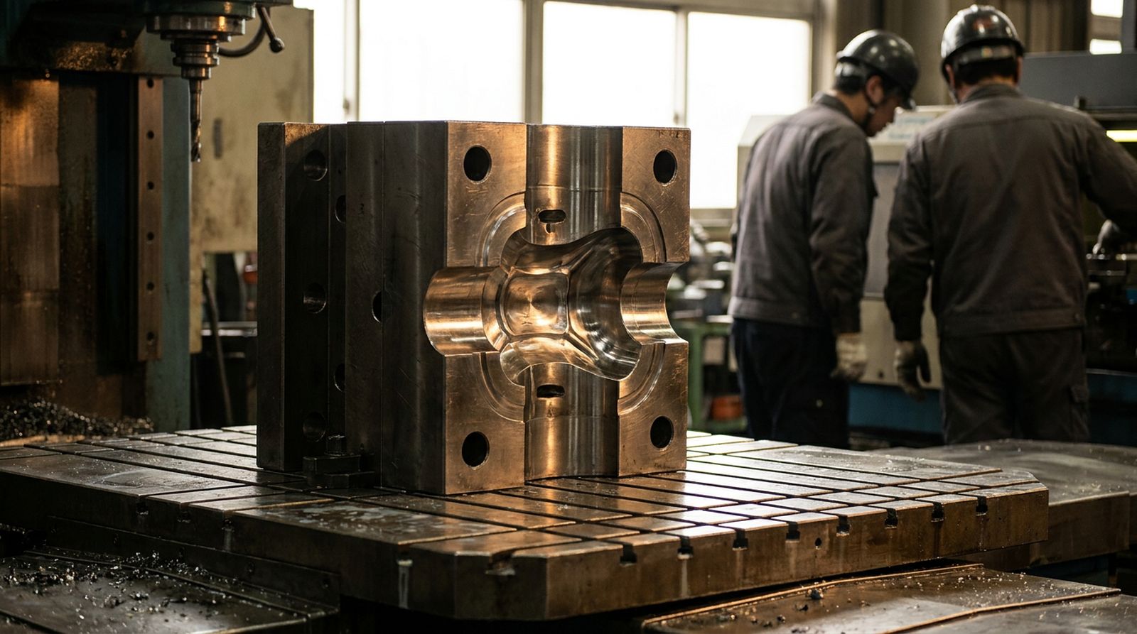 A forging die block with its machined cavity on a milling machine
