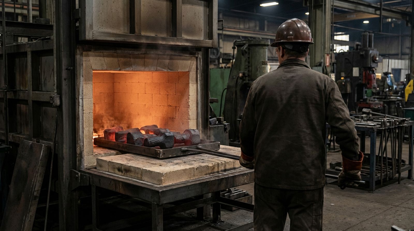 Forgings glowing in a heat treatment furnace