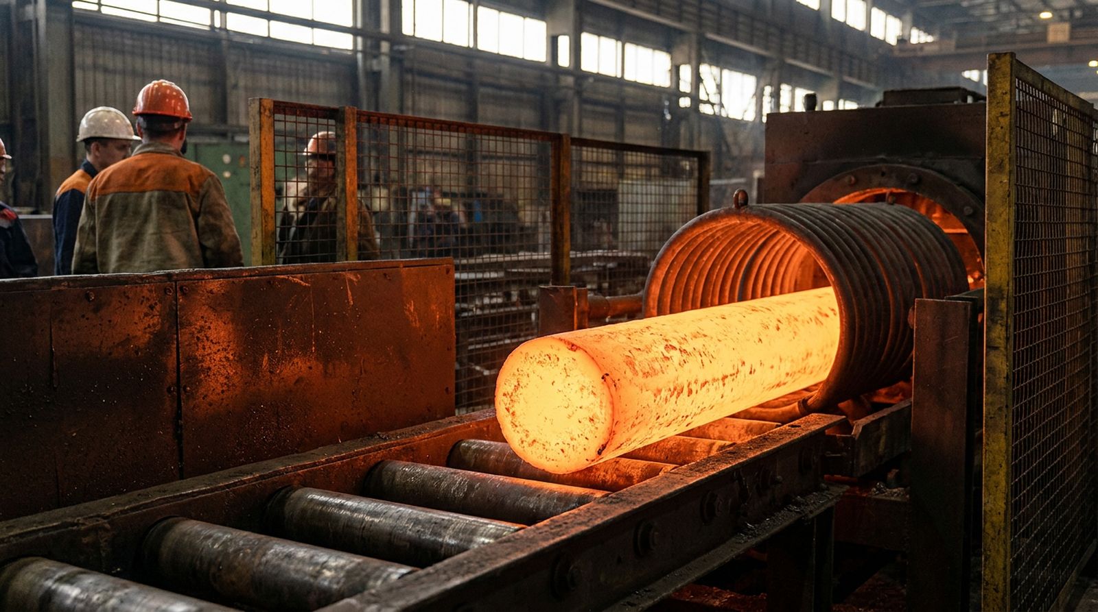 A billet glowing as it leaves an induction heating coil