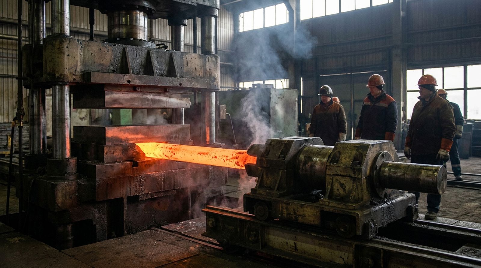 A glowing shaft held by a manipulator under an open die press