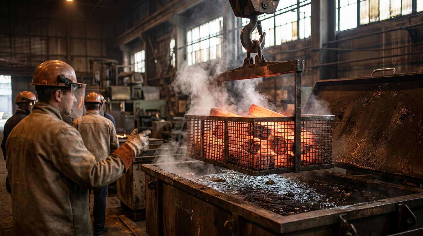 Hot forgings lowered into a quench tank, steam rising