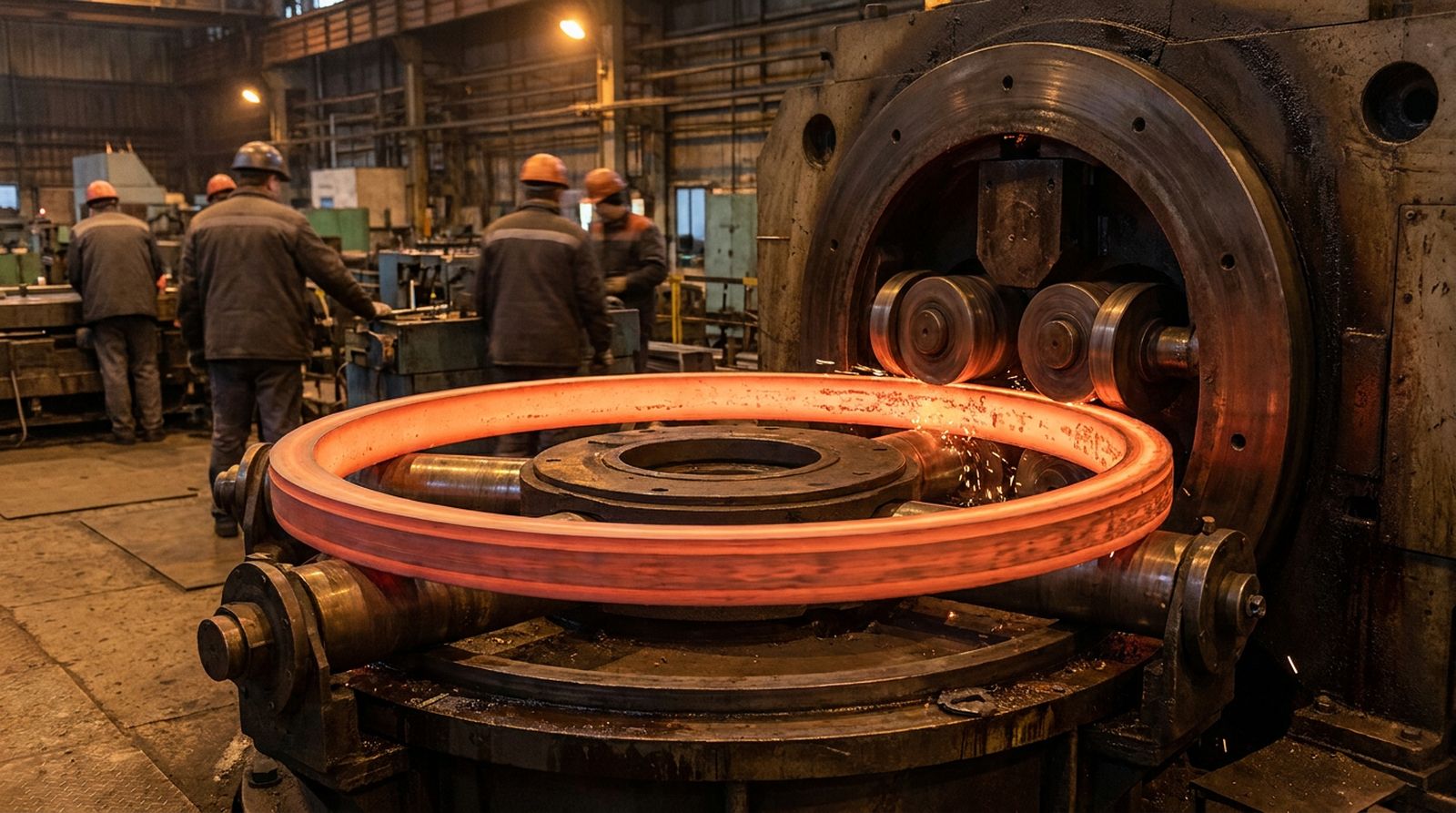A glowing steel ring turning on a ring rolling mill