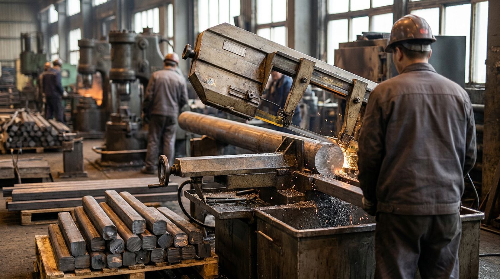 Round steel bars cut into billets on a band saw