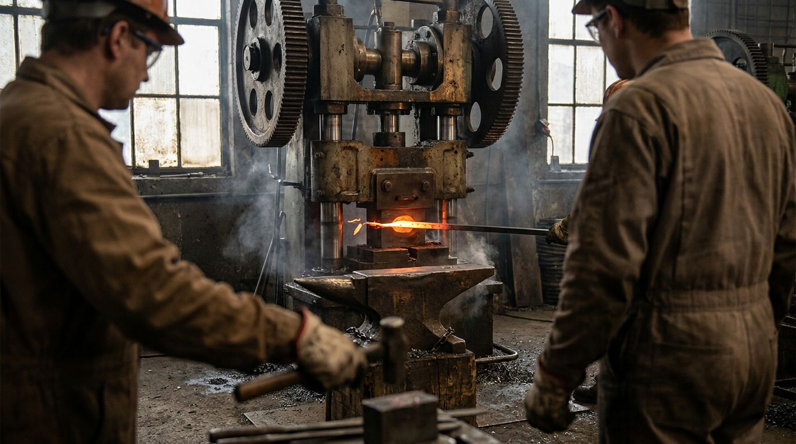 A trimming press cutting the flash off a hot forging