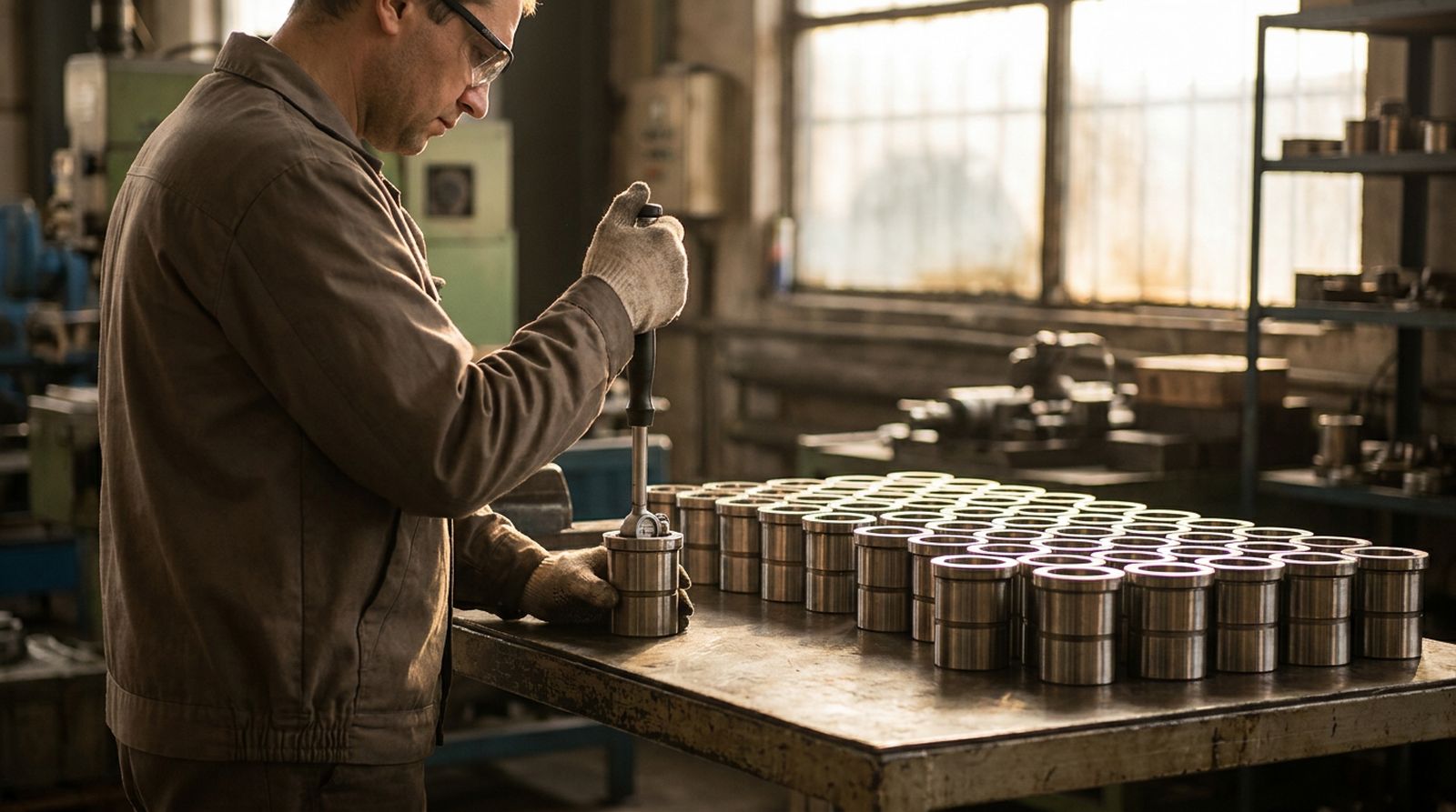 An inspector checking machined bushes with a bore gauge