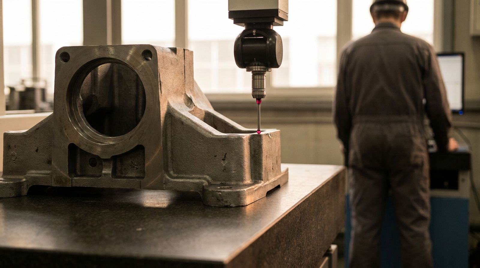 The probe of a measuring machine checking a machined casting