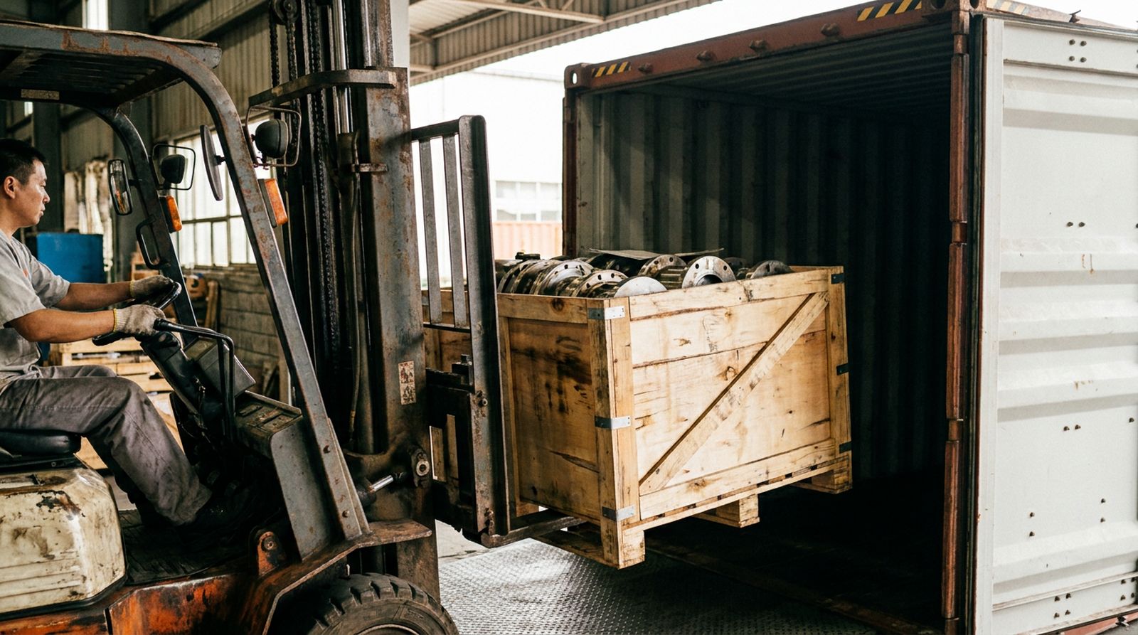 A forklift loading a crate of parts into a shipping container