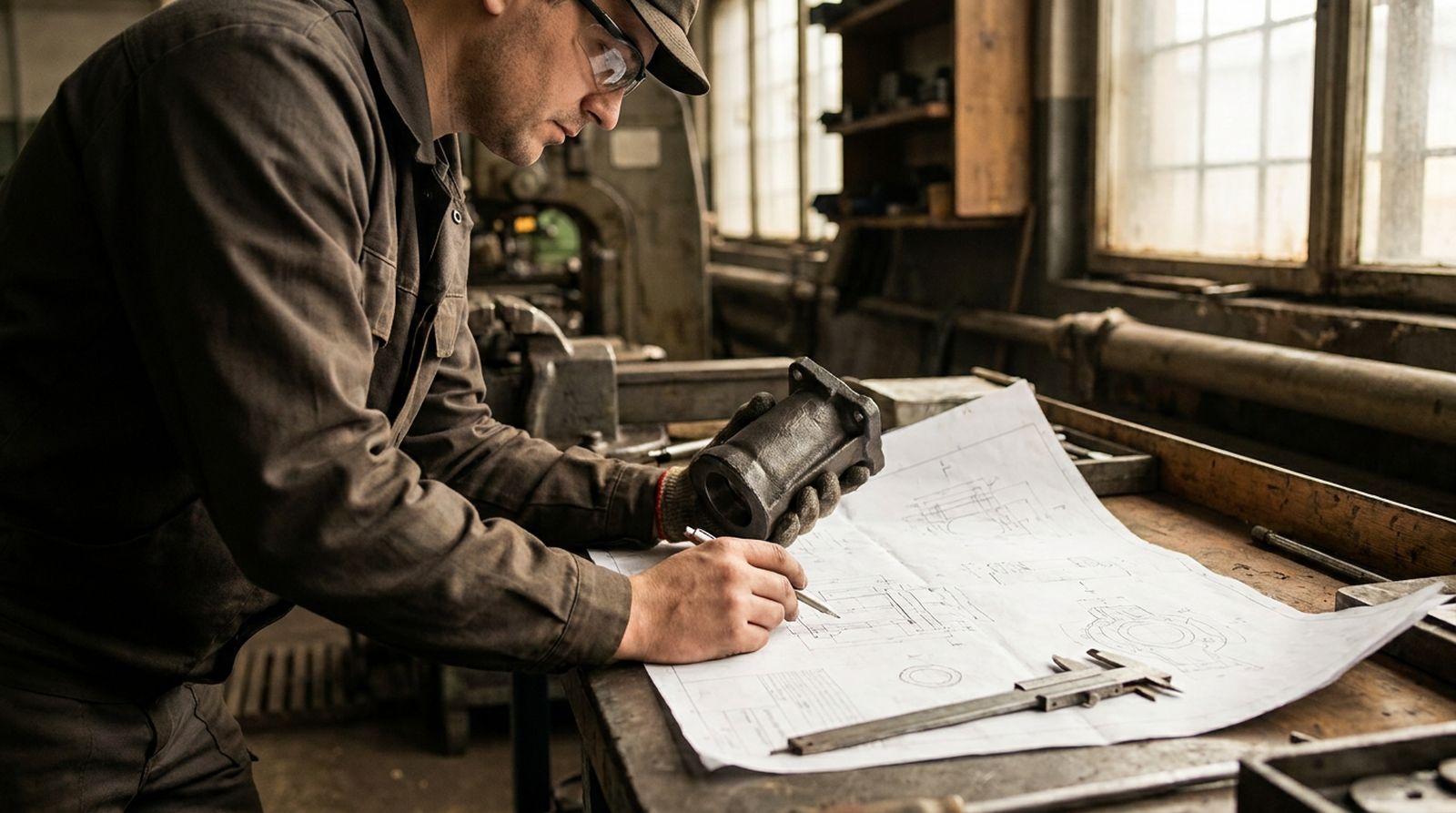 An engineer checking a cast sample against its drawing