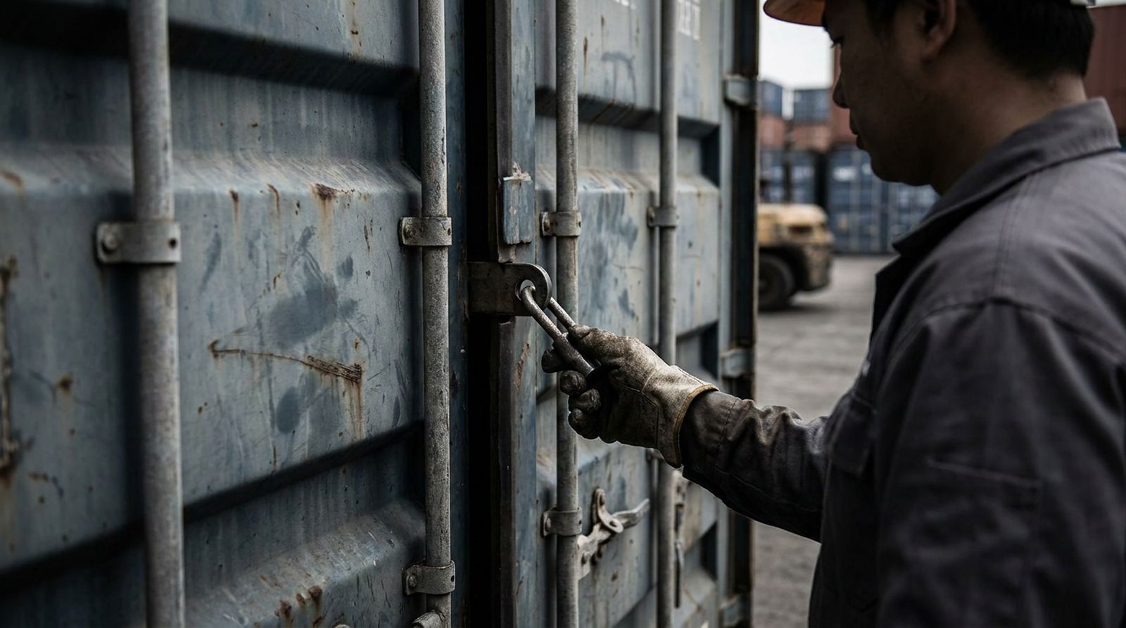 A gloved hand checking the bolt seal on a container door