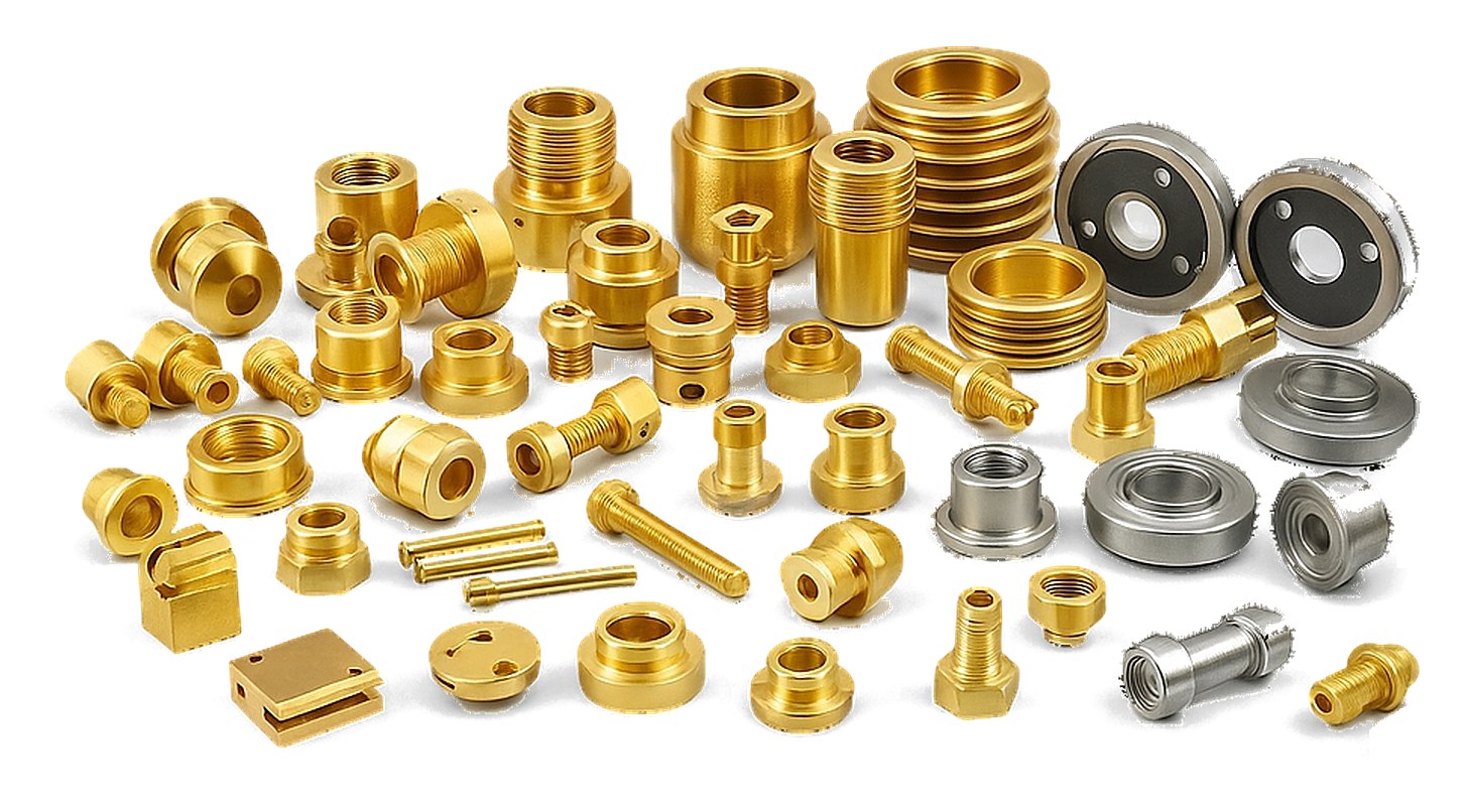 Precision turned brass bushes, nipples, inserts and fittings, with a few machined steel rings, grouped on white