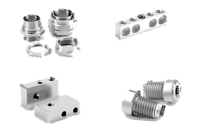 Aluminium unions with lock nuts, a manifold bar, machined blocks and threaded plugs