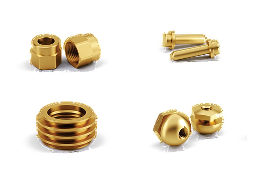 Brass hexagon nuts, hex head pins, a grooved threaded ring and dome nuts