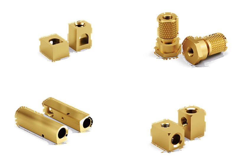 Brass terminal blocks, knurled inserts, terminal pins and connector blocks