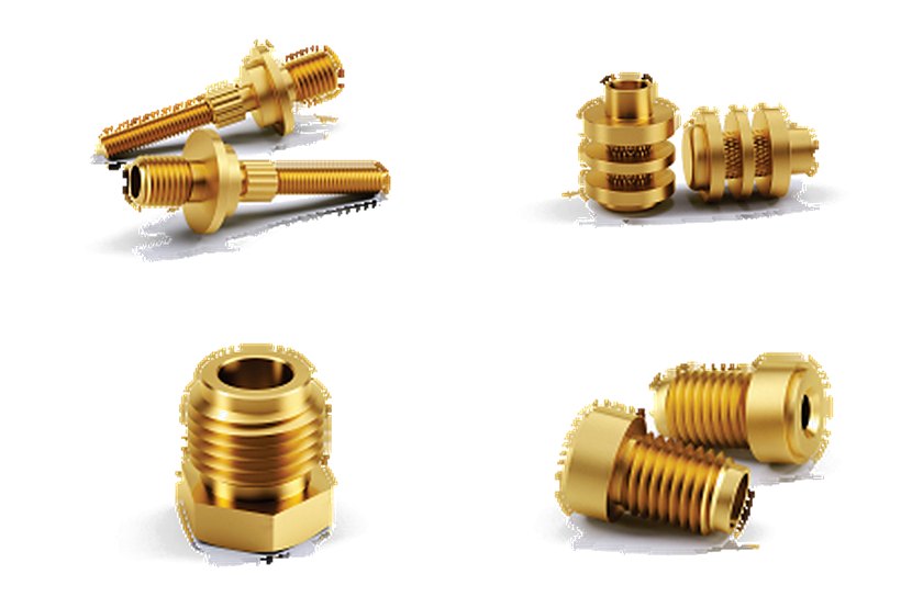 Brass threaded pins, grooved inserts, a hexagon bush and threaded bushes