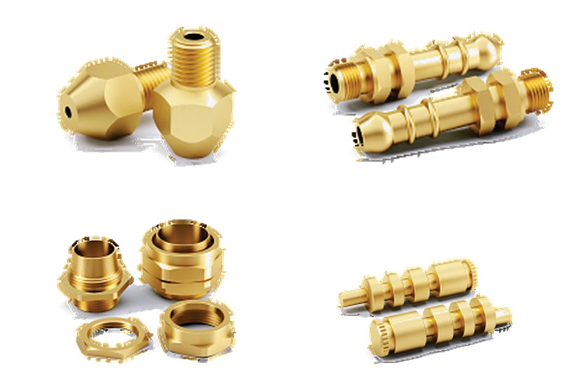 Brass gas jets, hose connectors, a union with lock nuts and grooved spindles